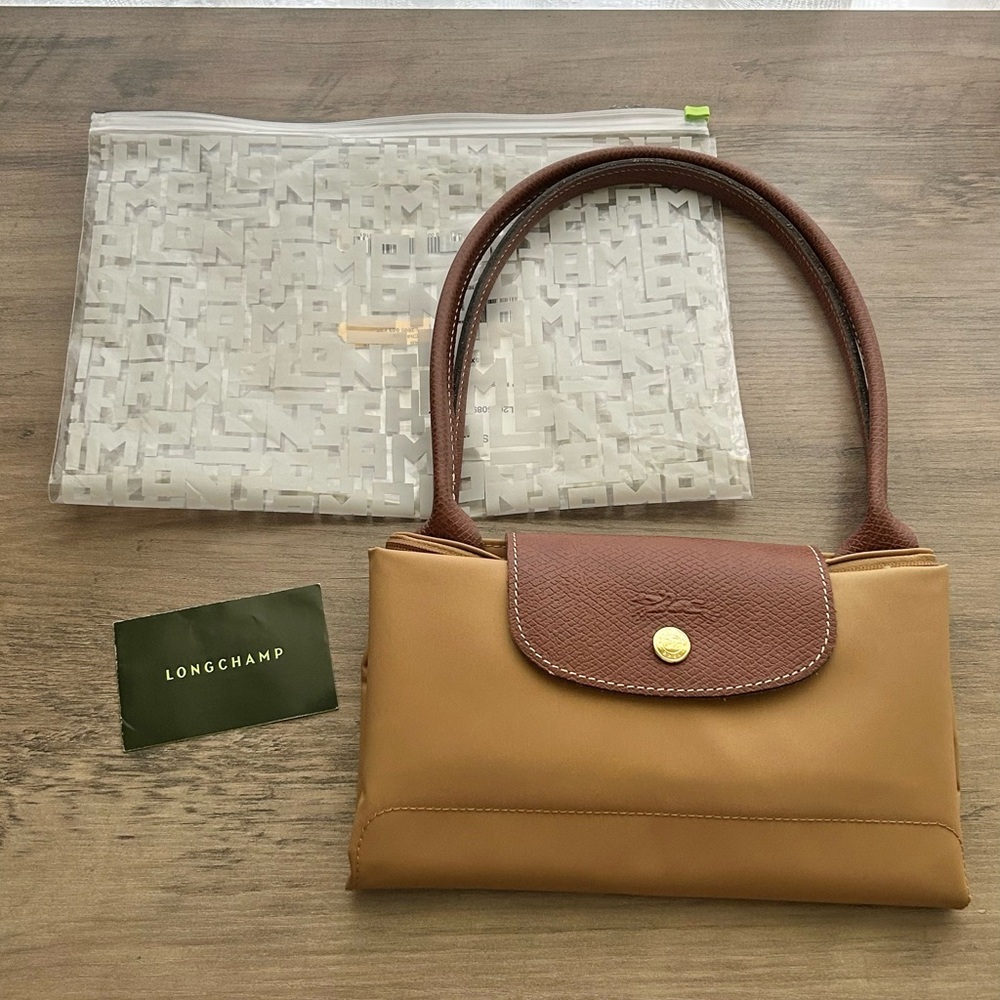 Longchamp Le Pliage Medium Nylon Shoulder Tote-Fawn with Brown Leather Handles - Picture 14 of 16